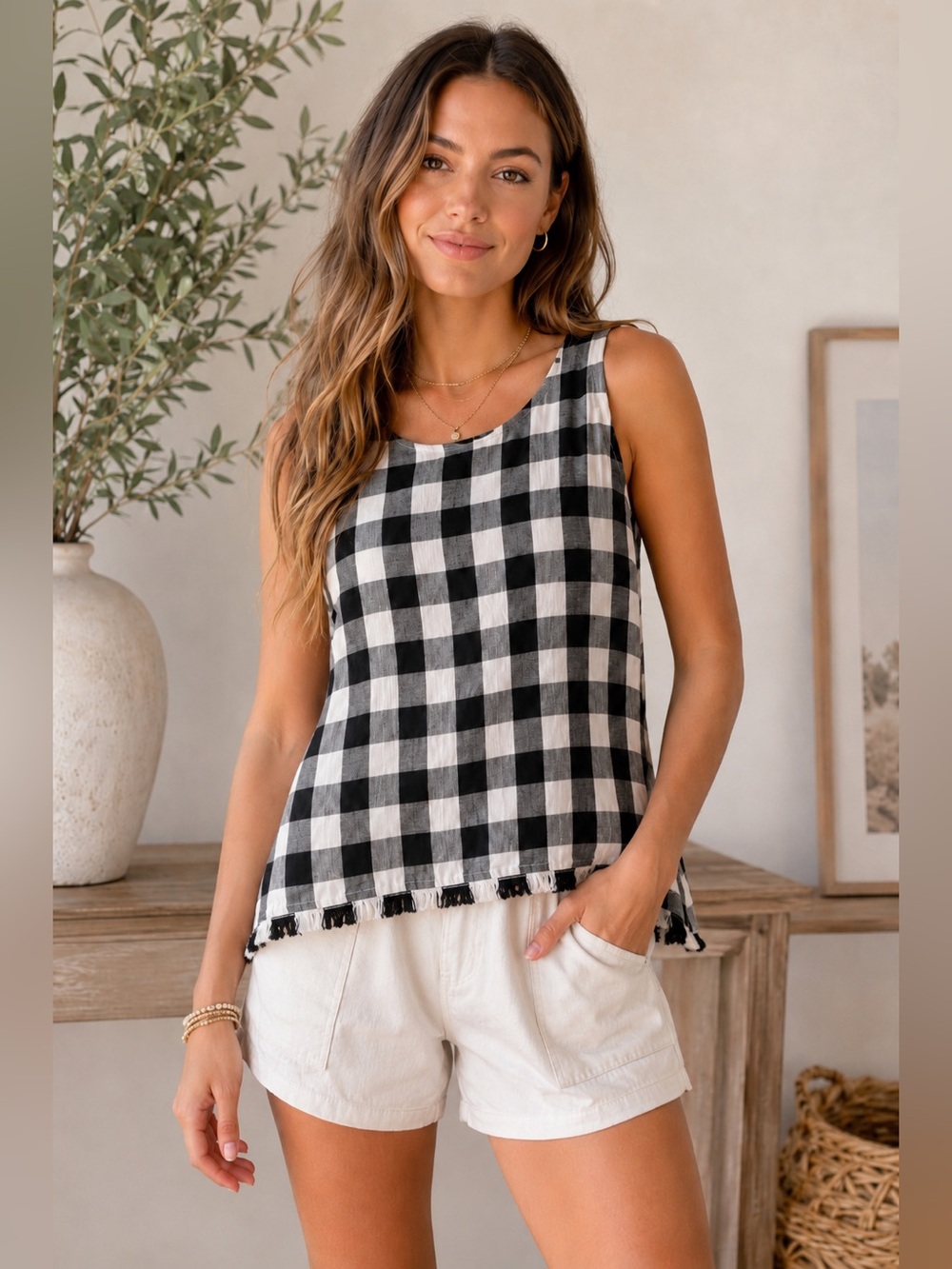 DREW Black & White Gingham Sleeveless Tank